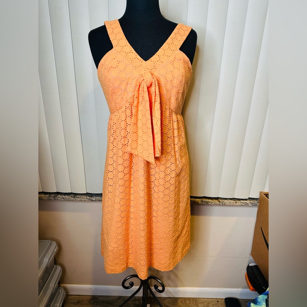 Jennifer Reale Design Orange V Neck Eyelet Prominent Front Bow Sundress Size 10